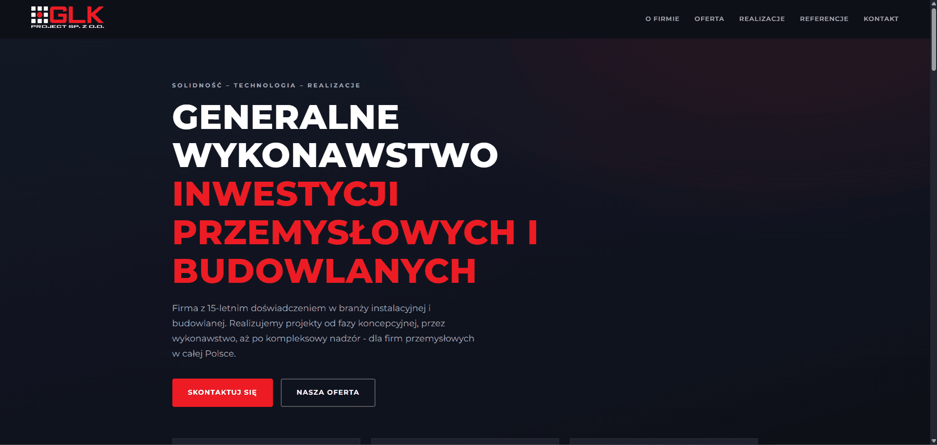 Strona główna glkproject.pl - ciemny ekran powitalny z hasłem "Generalne wykonawstwo inwestycji przemysłowych i budowlanych" oraz przyciskami kontaktu i oferty.