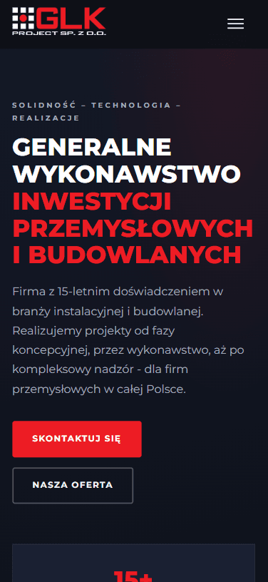 Widok mobilny glkproject.pl - ten sam ekran powitalny z menu zwiniętym do przycisku hamburgera.